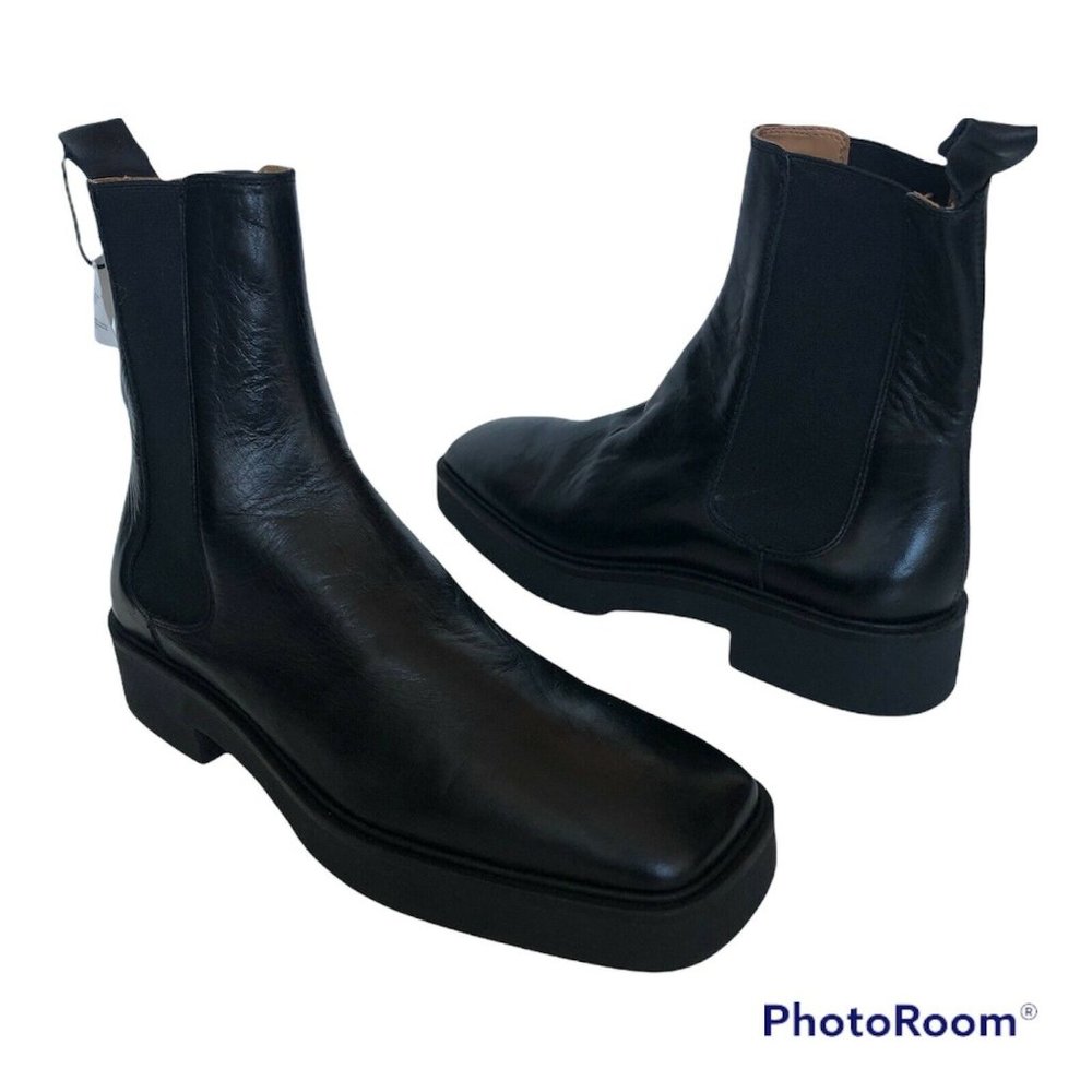 New Zara black leather pull on combat boots womens